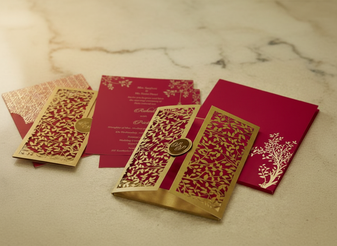 Traditional South Asian kankotri wedding invitation card with floral motif